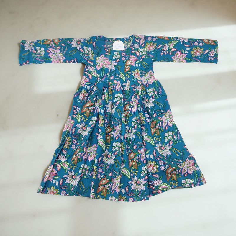 4-5 Year Ruby Blue Printed Cotton Girls Dress 34" Long Jalabiya