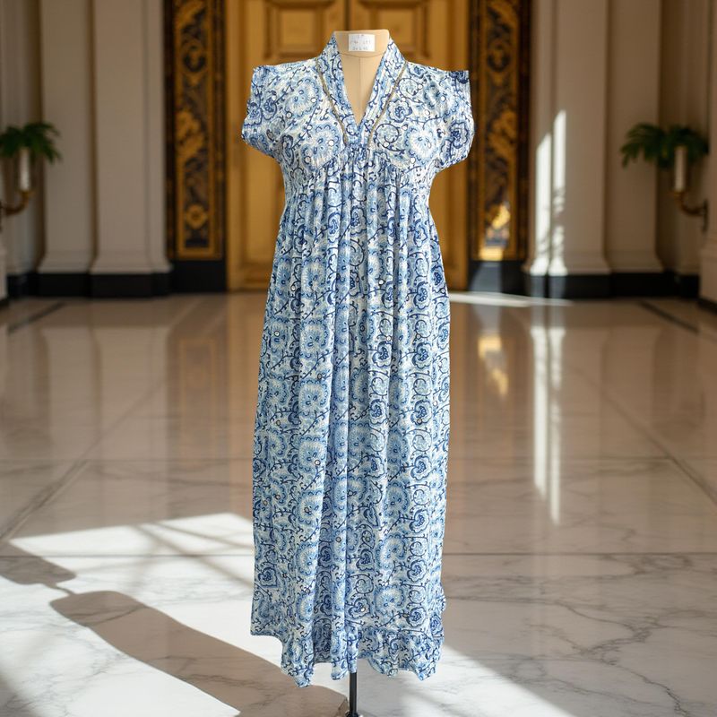 S/M Satin Crystal Amani Printed Cotton Dress 57" Short Sleeves Jalabiya