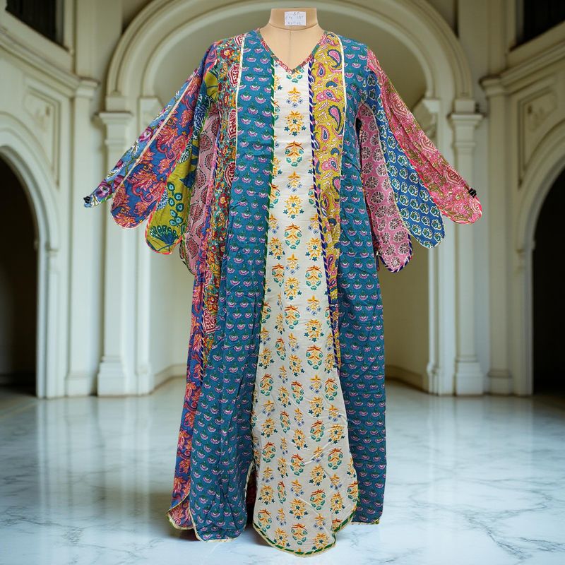 S/M Meher Multi Printed Cotton Dress 57" Long Jalabiya