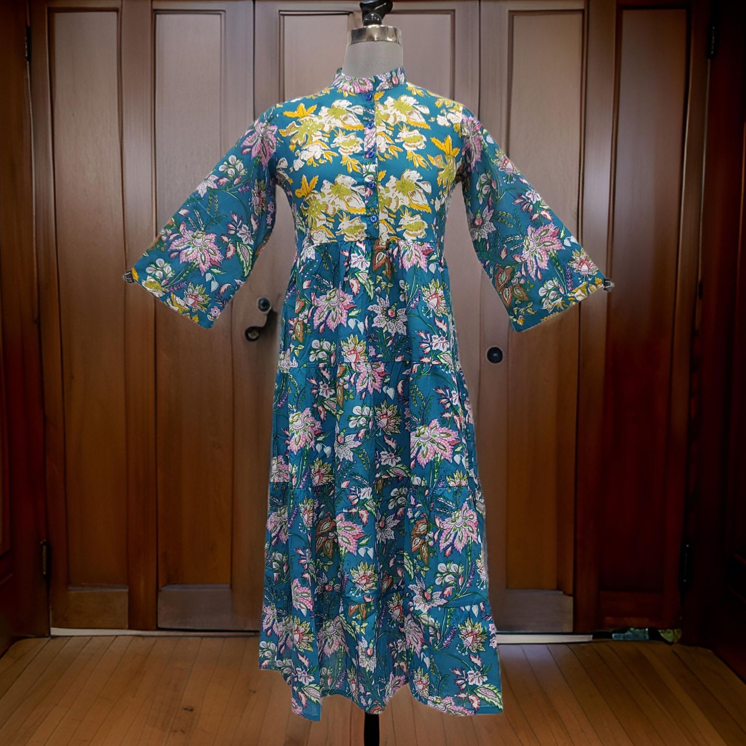 10-11 Year Yellow And Blue Safia Printed Cotton Girls Dress 46" Long Jalabiya