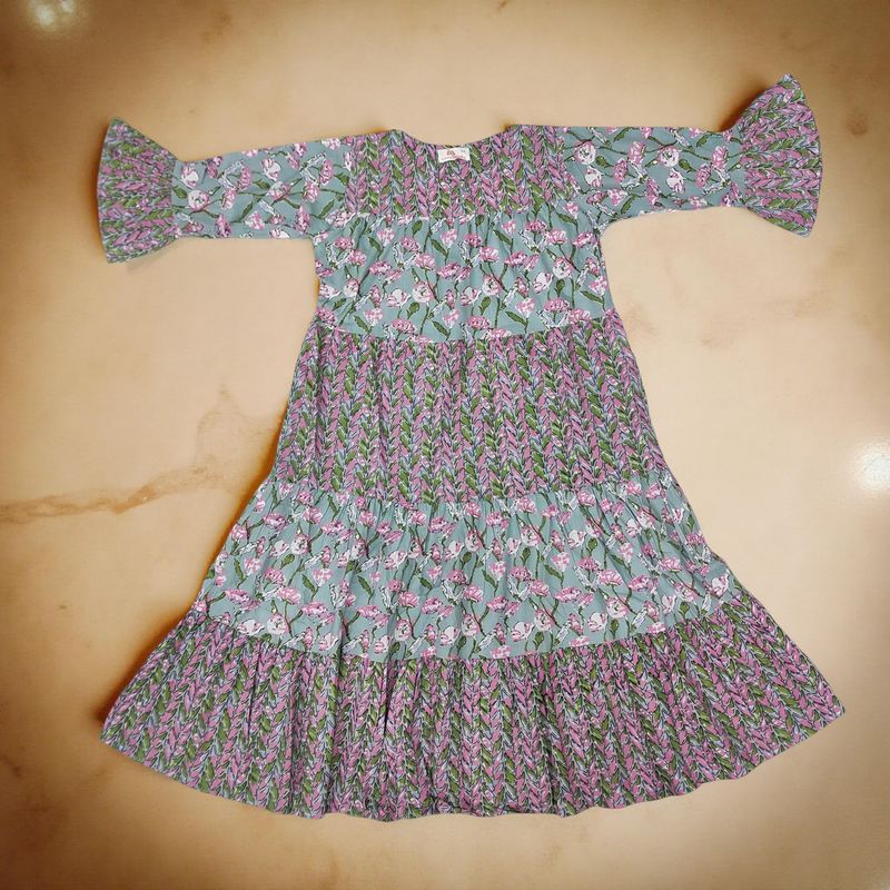 8-9 Year Gray And Pink Moon Printed Cotton Girls Dress 42" Long Jalabiya