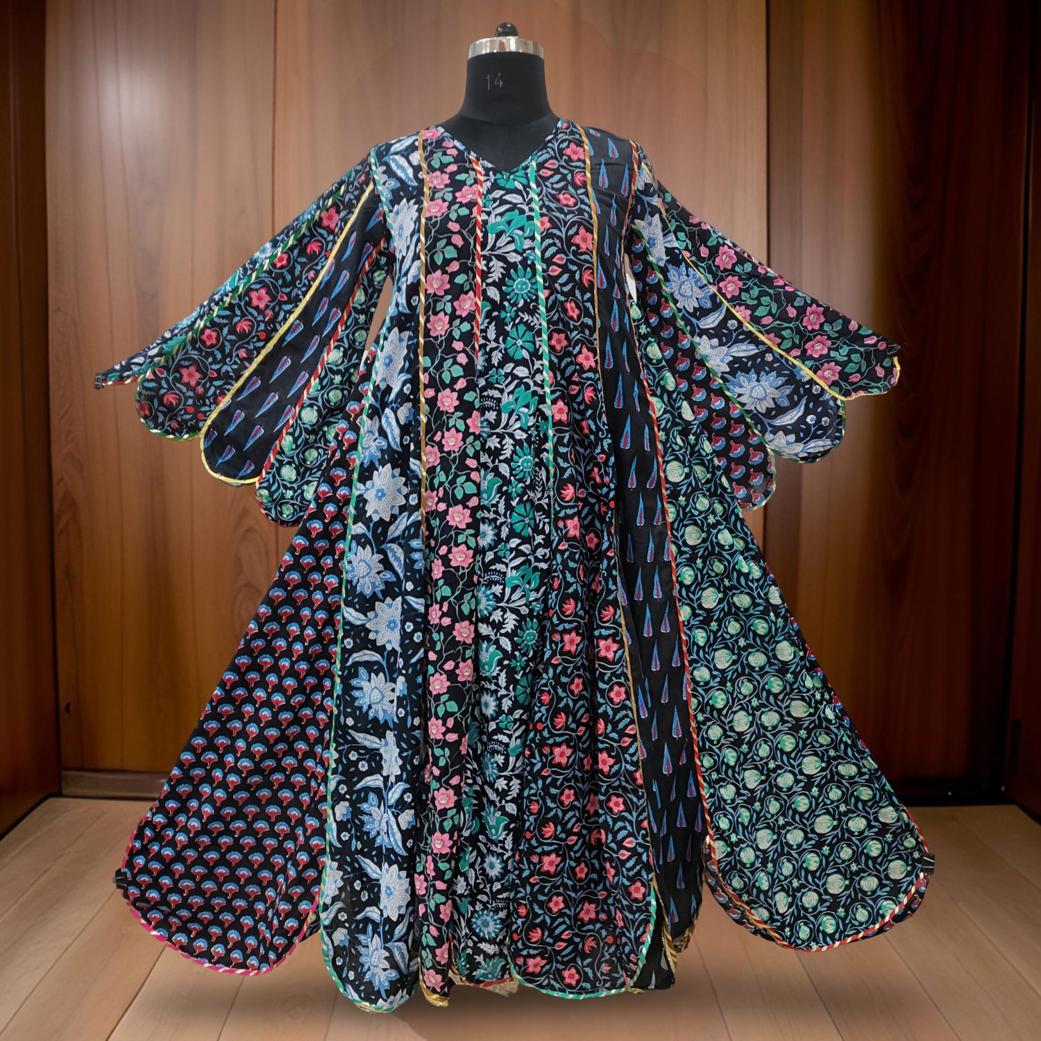 L/XL Meher Black Multi Printed Cotton Dress 57" Long Jalabiya