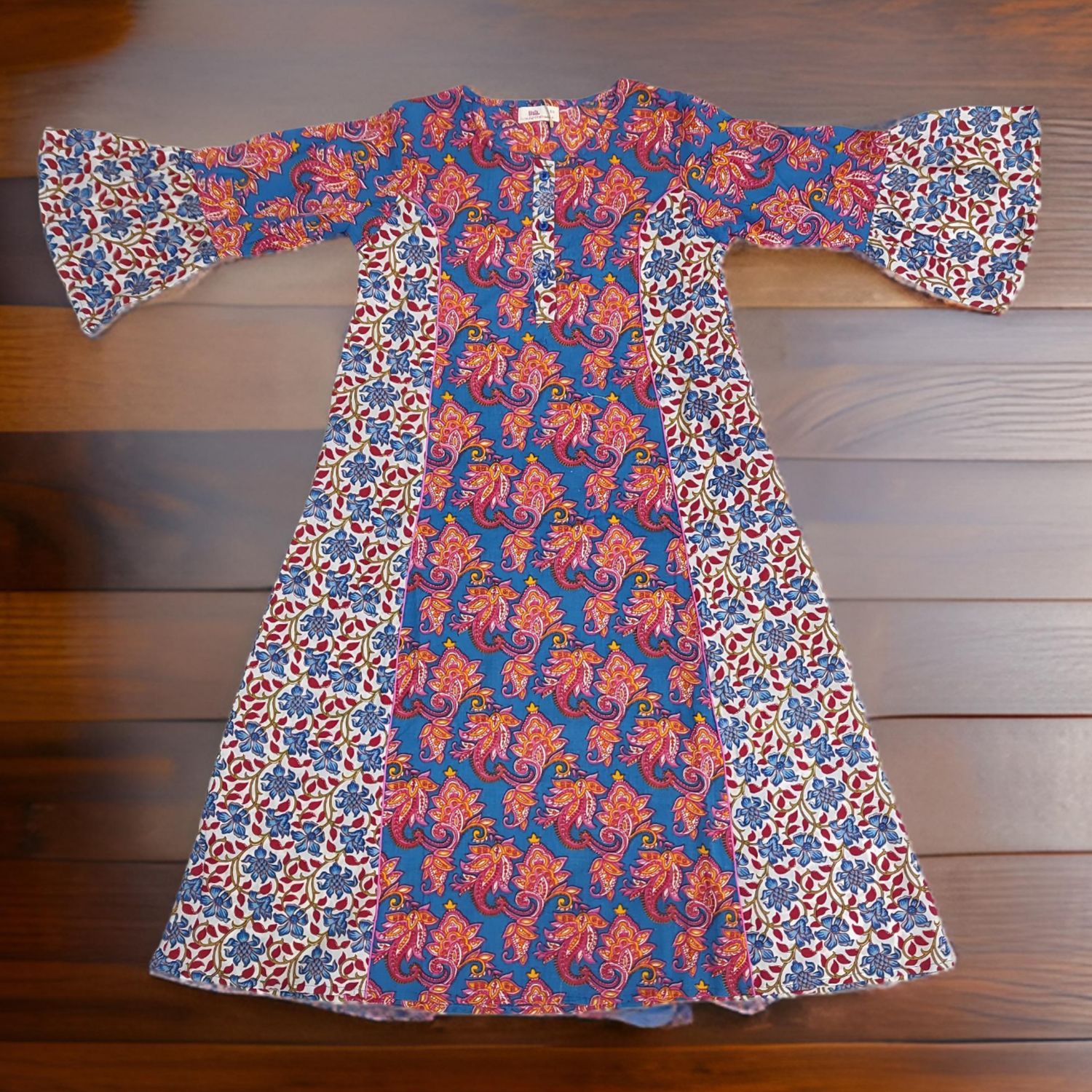 8-9 Year Blue And White Marry Printed Cotton Girls Dress 42" Long Jalabiya