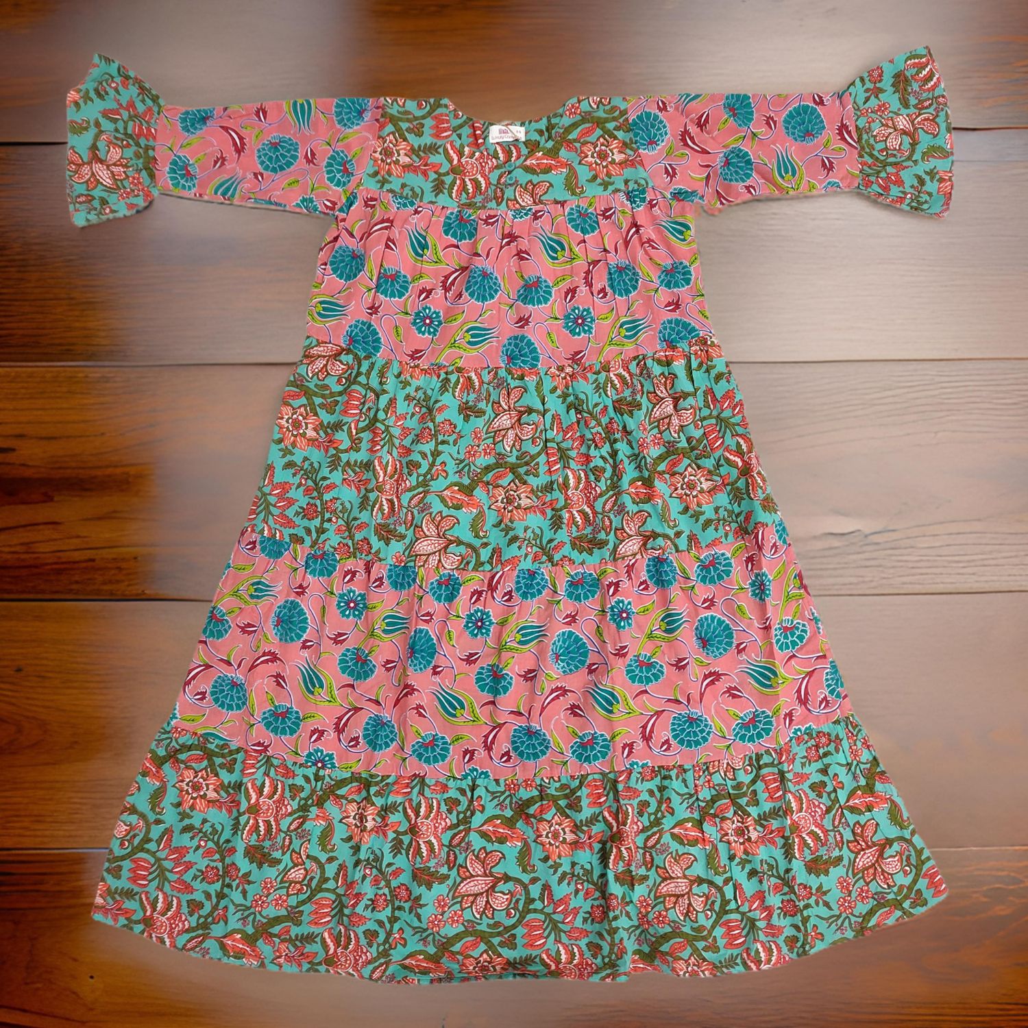 8-9 Year Green And Pink Moon Printed Cotton Girls Dress 42" Long Jalabiya