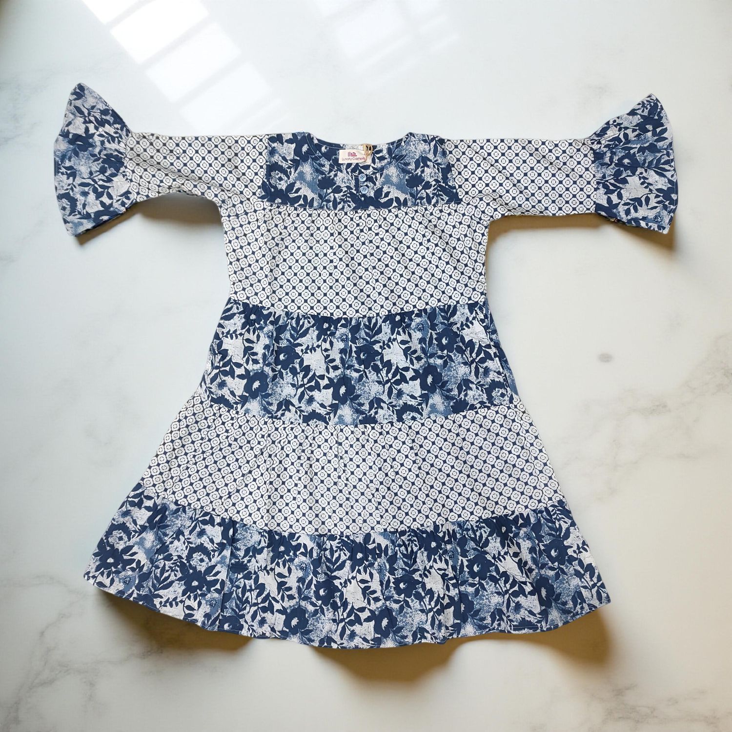 4-5 Year Blue And White Moon Printed Cotton Girls Dress 34" Long Jalabiya