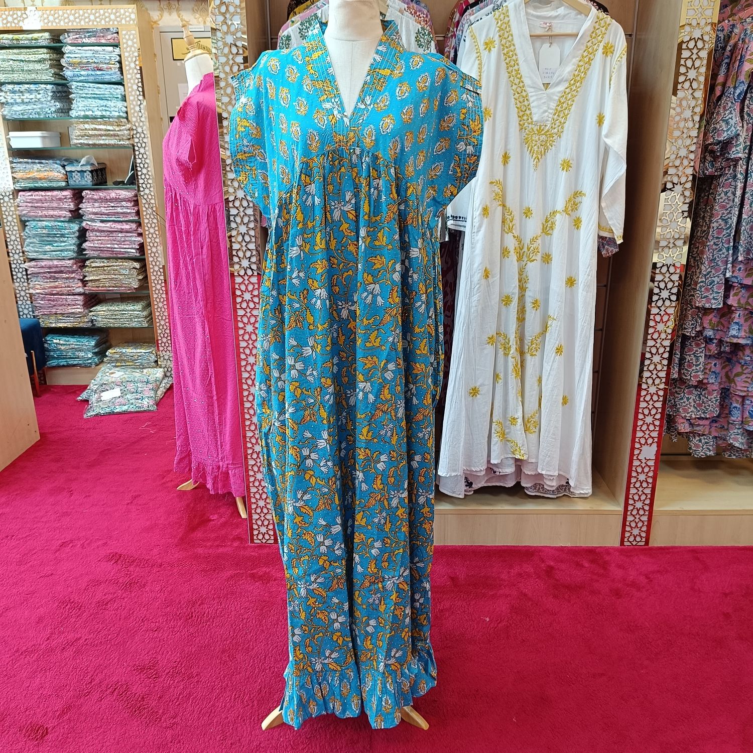 2XL/3XL Amani Printed Crystel Cotton Dress 57" Short Sleeves Jalabiya