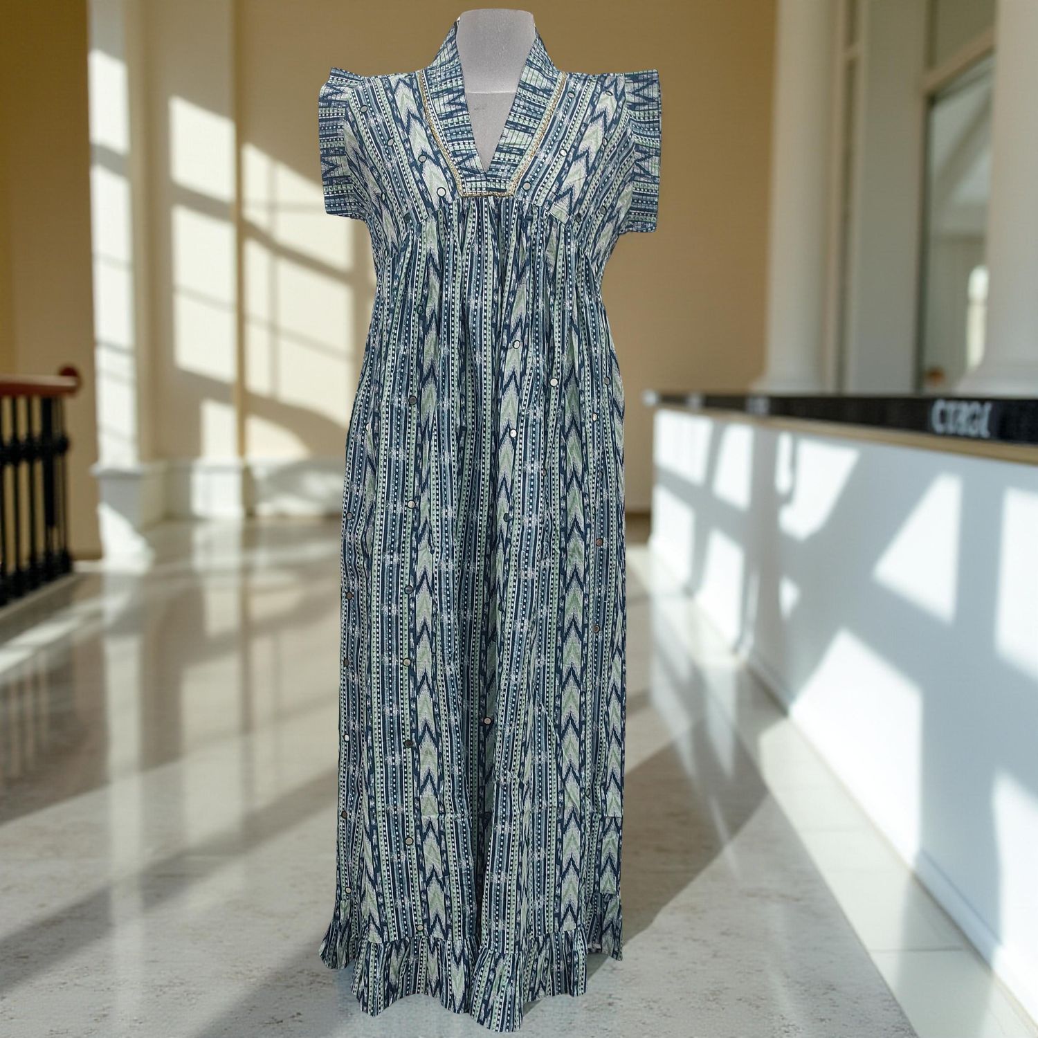 L/XL Amani Printed Cotton Dress 57" Short Sleeves Jalabiya