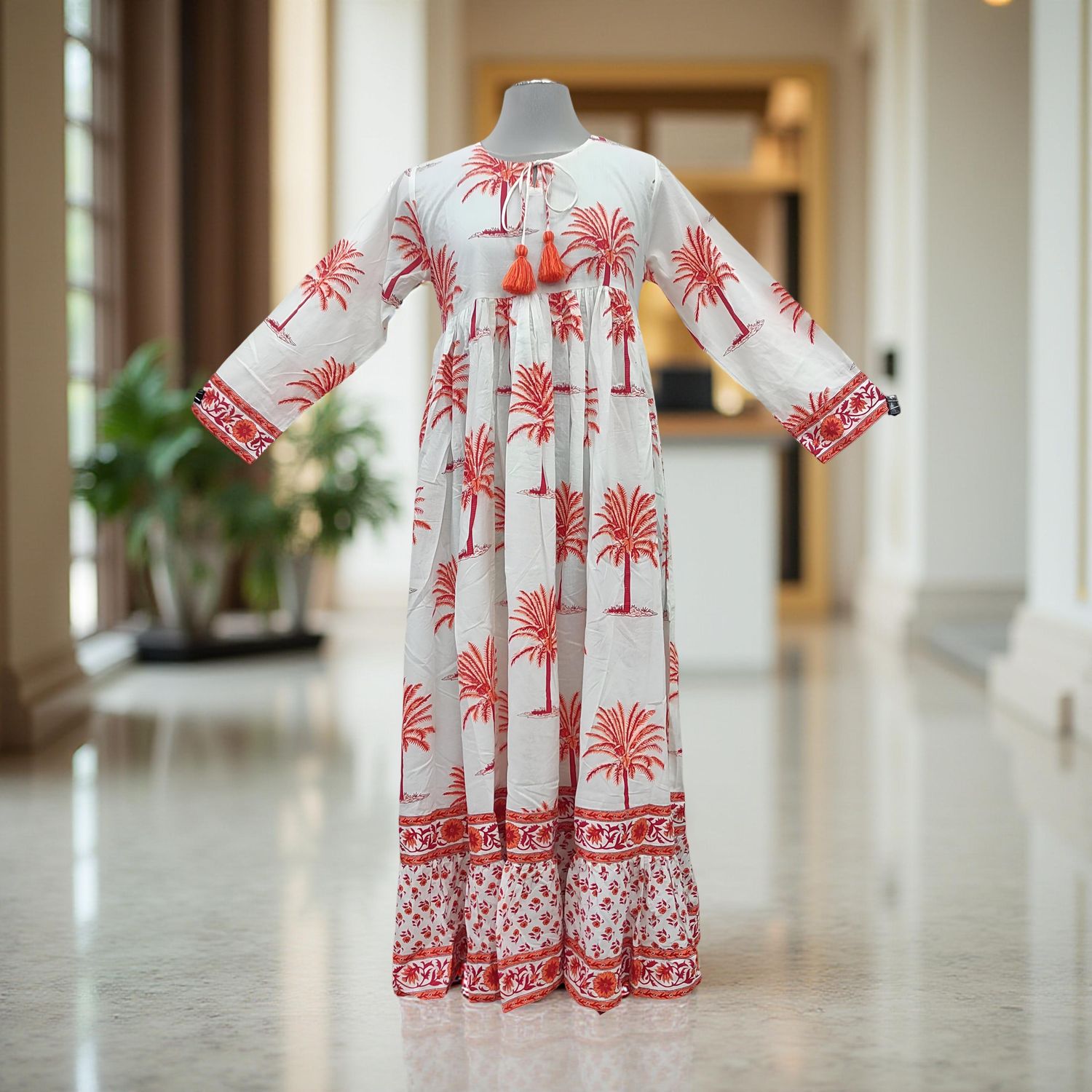 XS/S  Haifa Printed Cotton Dress 54" Short Sleeves Jalabiya