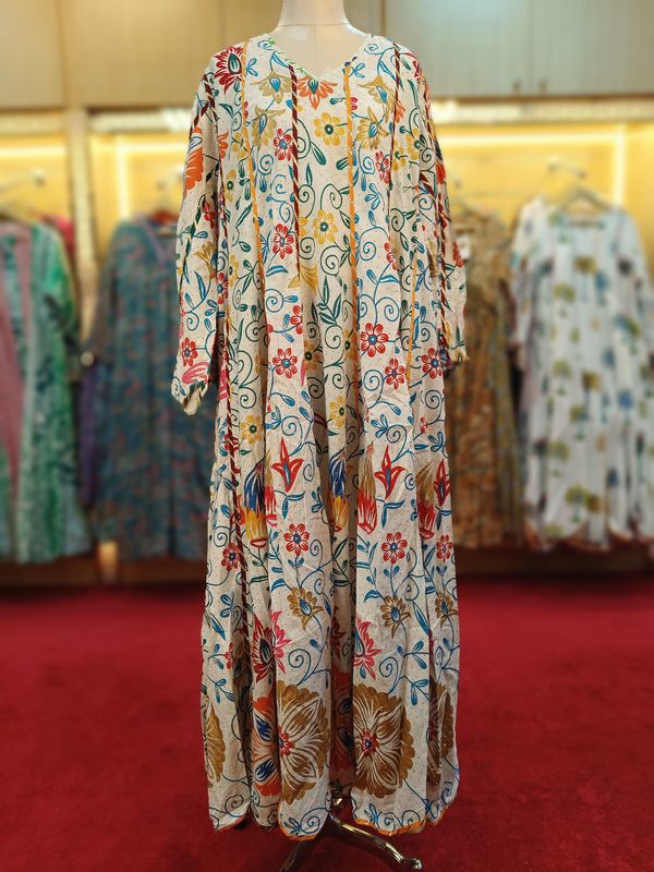 L/XL Meher Crystal White Multi Cotton Dress 57" Long Jalabiya