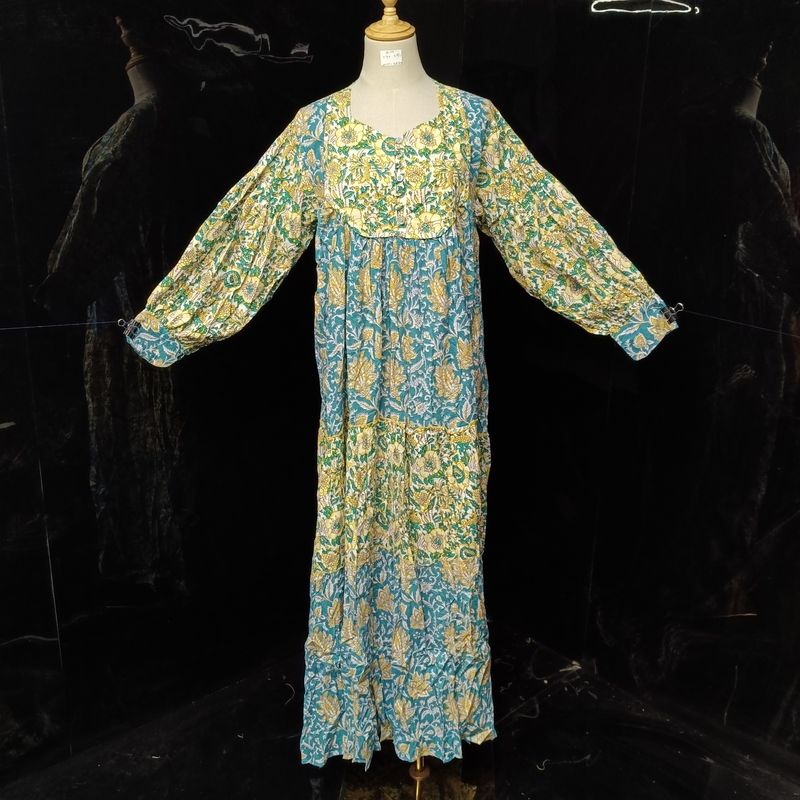 S/M Emna Printed Cotton Dress 57"Long Sleeves Jalabiya