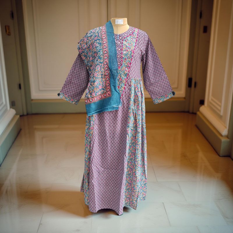 S/M Suf With Scarf Printed Cotton Dress 57"Long Sleeves Jalabiya