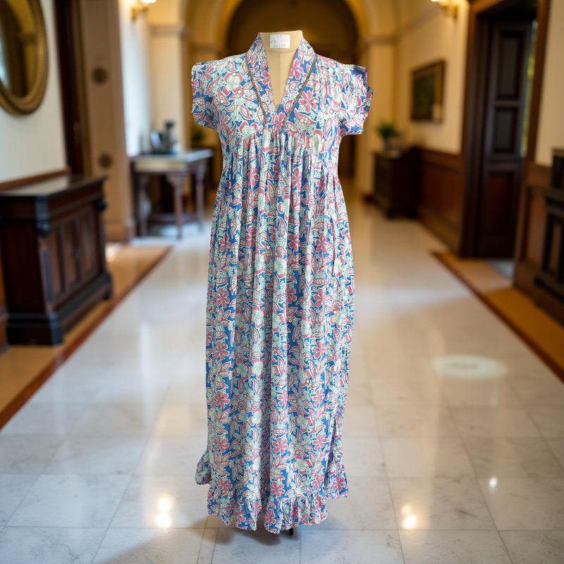 S/M Satin Amani Printed Cotton Dress 57" Short Sleeves Jalabiya