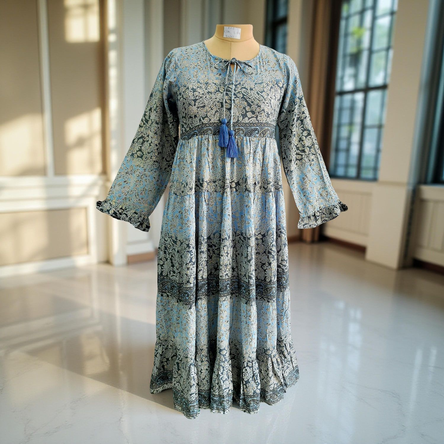 XS/S Razia Silk Crystal Printed  Dress 54" Long Jalabiya