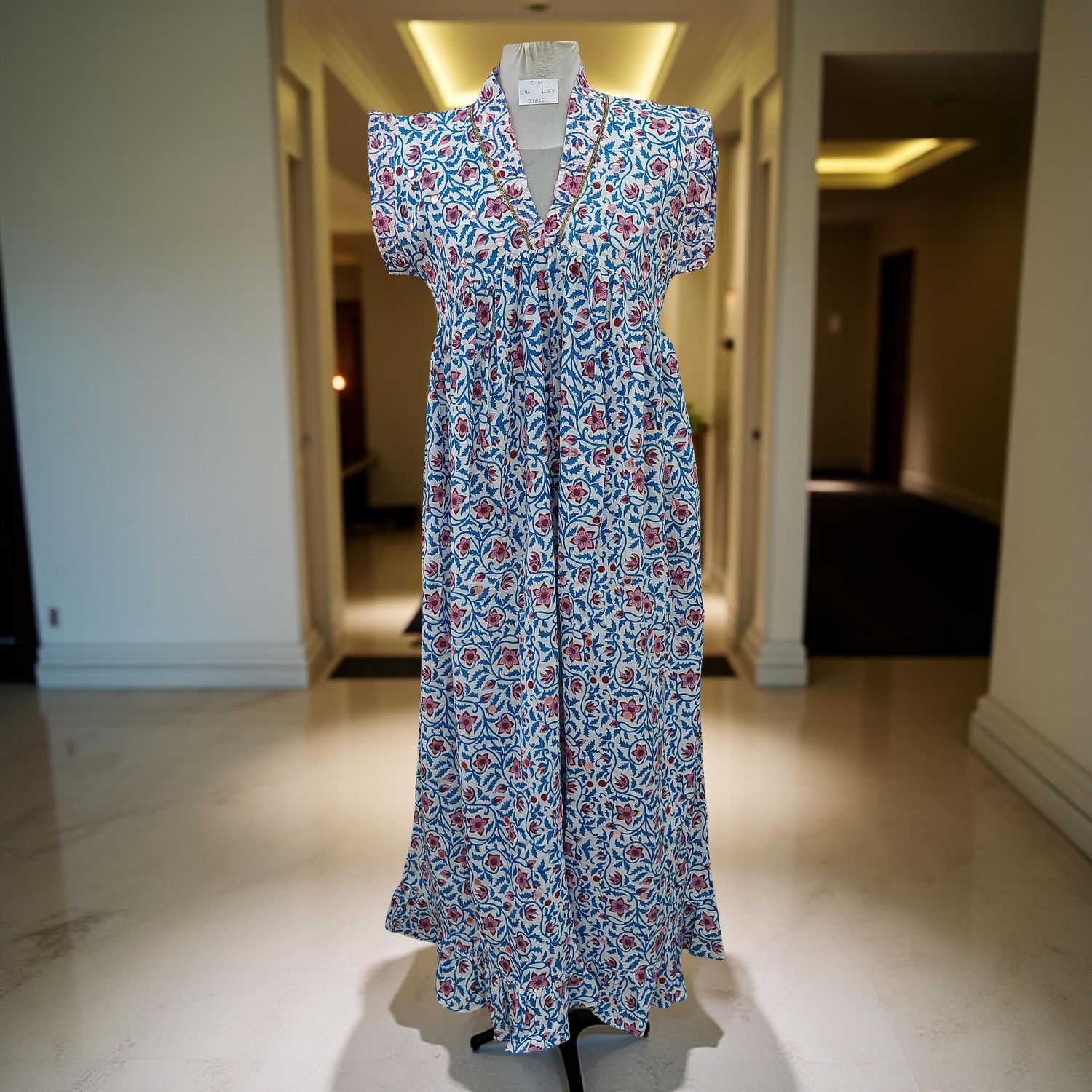 S-M Amani Printed Cotton Dress 57" Short Sleeves Jalabiya