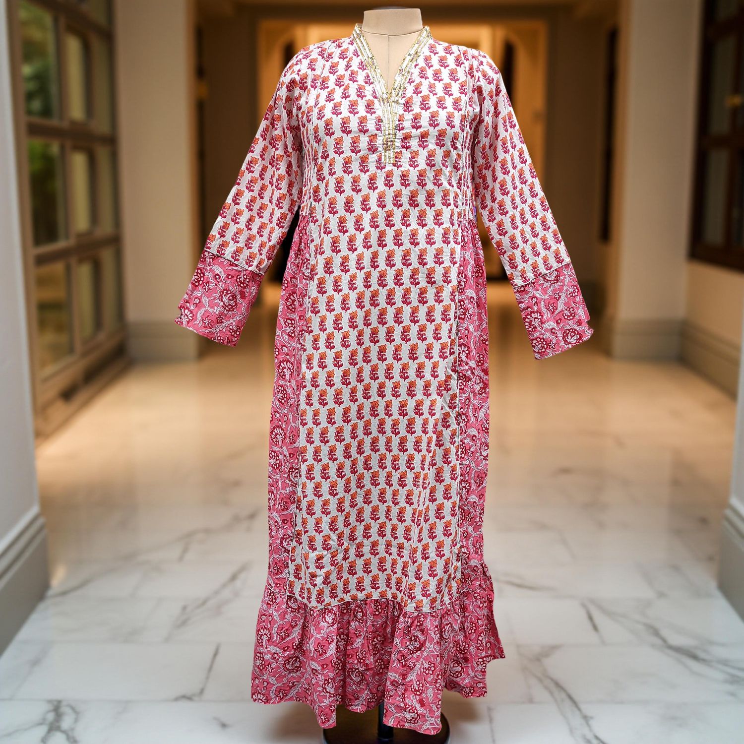 L/XL Safa Printed Cotton Dress 57" Long Jalabiya
