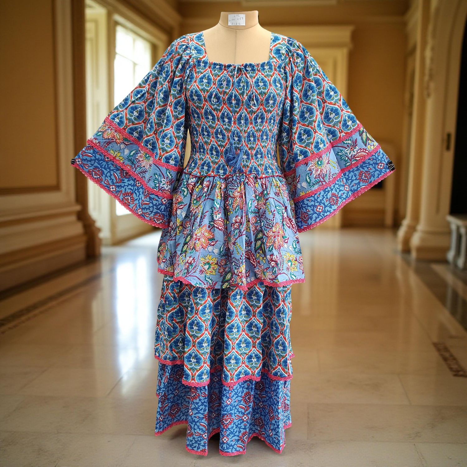 L/XL Rahima Printed Cotton Dress 57" Long Jalabiya