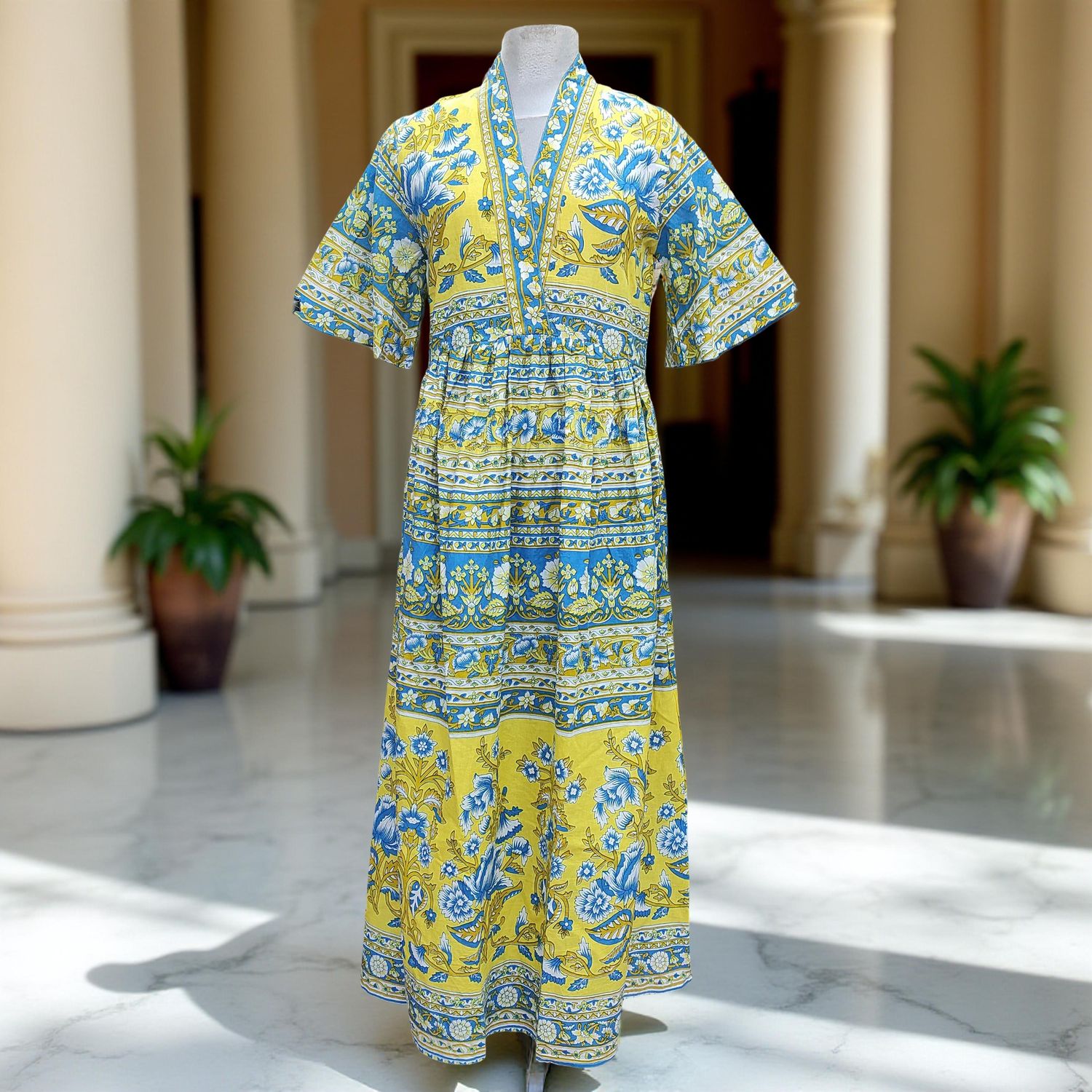 XS/S  Ayha Printed Cotton Dress 54" Short Sleeves Jalabiya