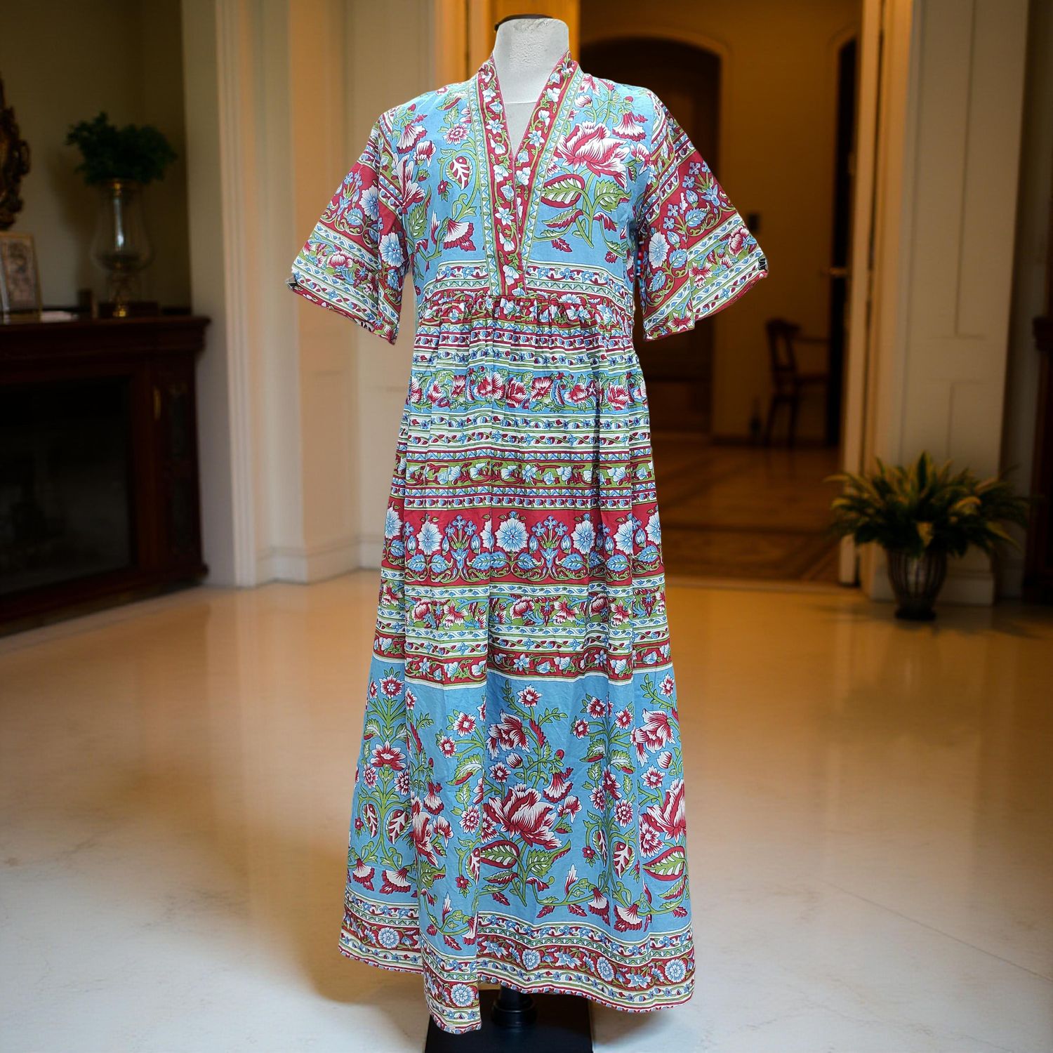 XS/S  Ayha Printed Cotton Dress 54" Short Sleeves Jalabiya