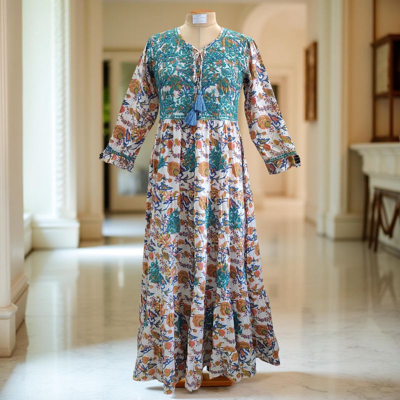 S/M Razia Embroidery Printed Cotton Dress 57" Long Jalabiya