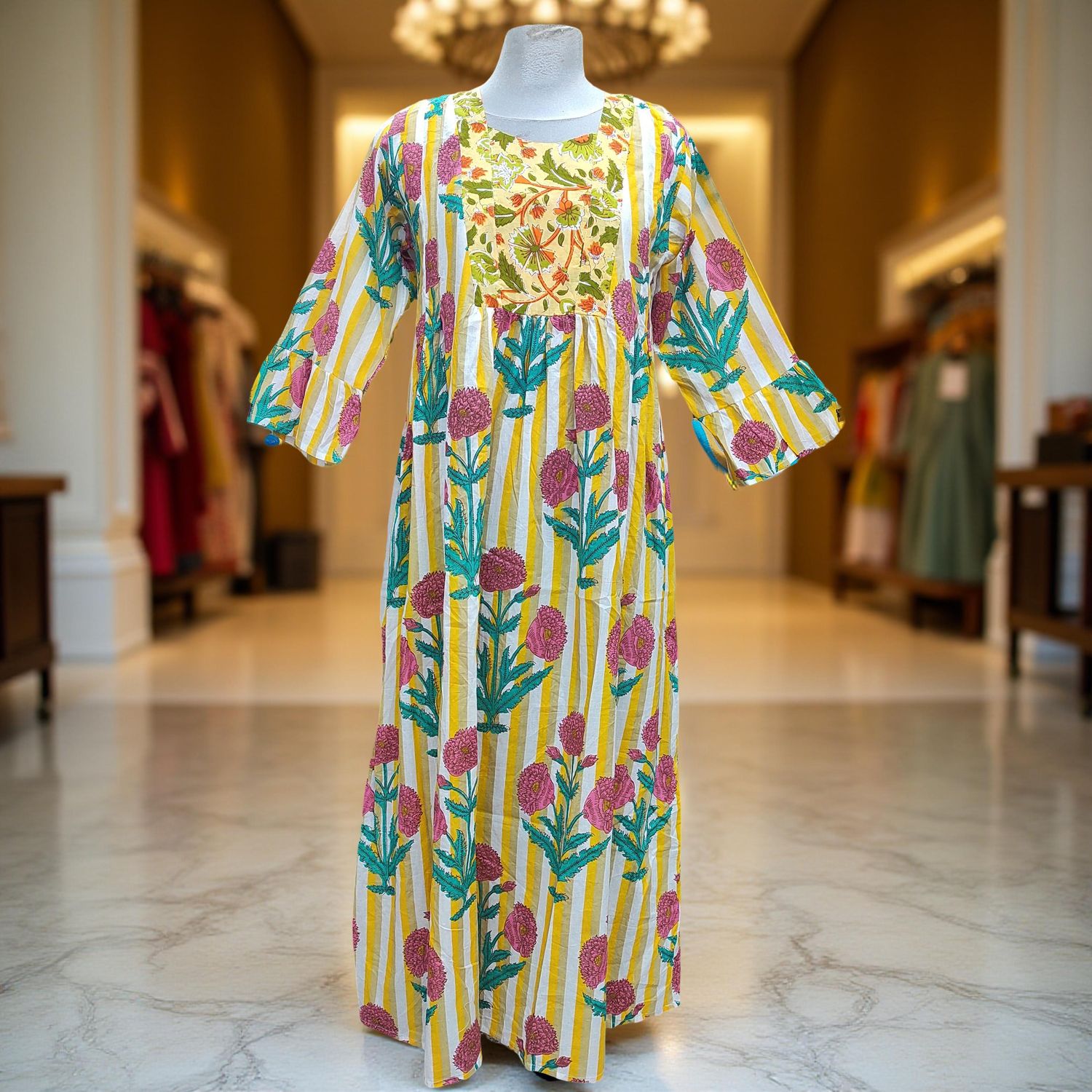 L/XL Rania Printed Cotton Dress Long 57" Jalabiya