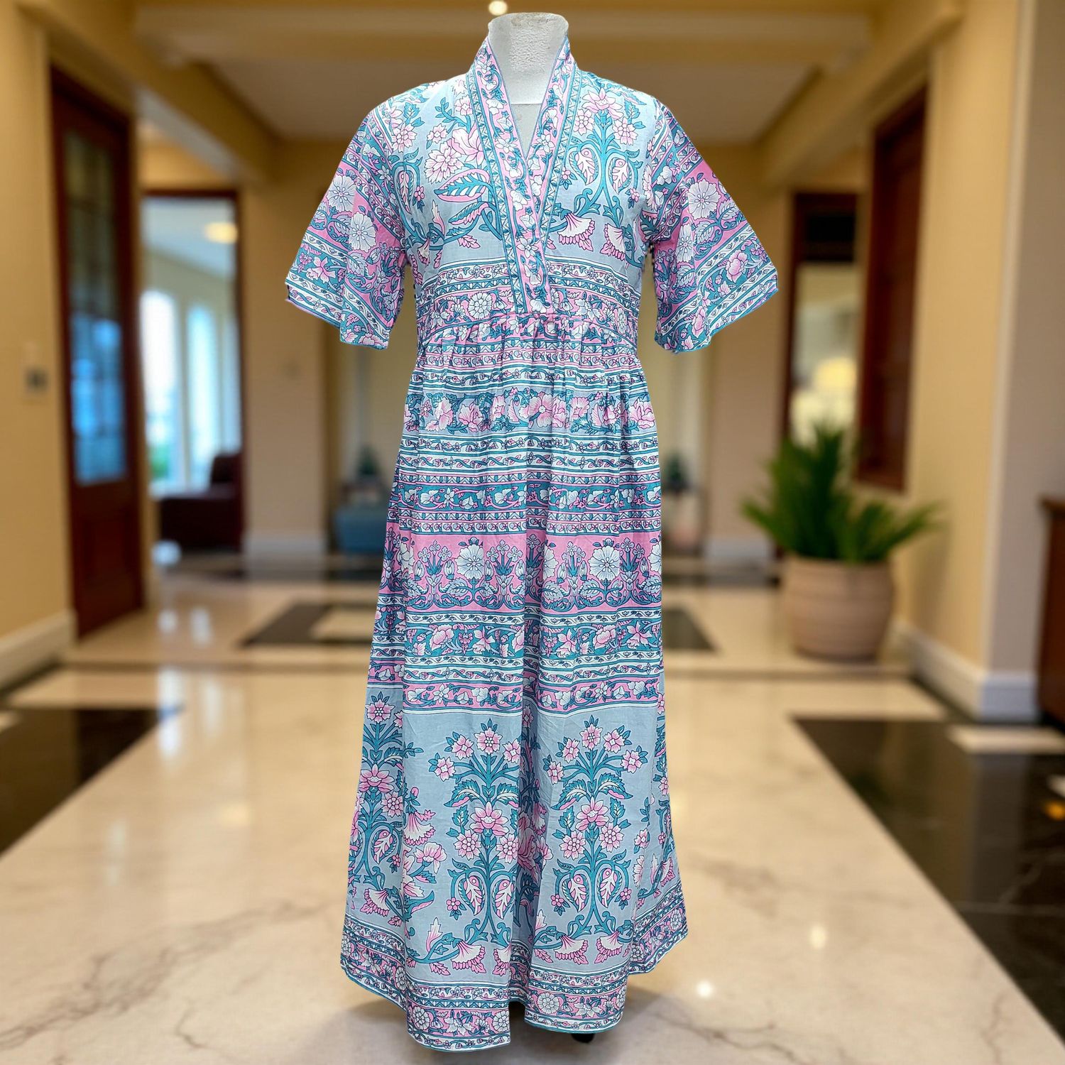 2XL/3XL Ayha  Printed Cotton Dress 57" Short Sleeves Jalabiya