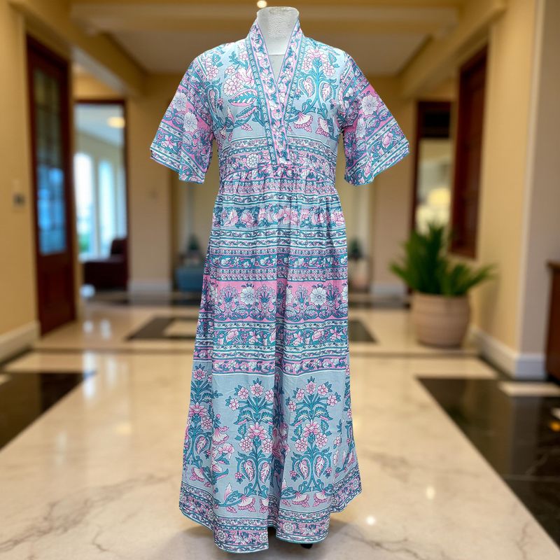 2XL/3XL Ayha  Printed Cotton Dress 57" Short Sleeves Jalabiya
