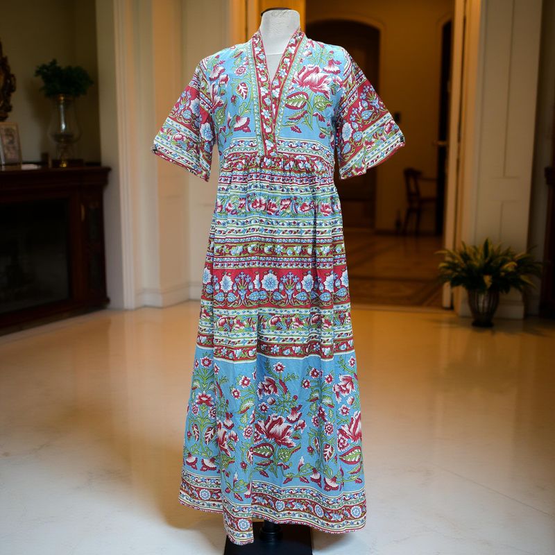 S/M  Ayha Printed Cotton Dress 57" Short Sleeves Jalabiya
