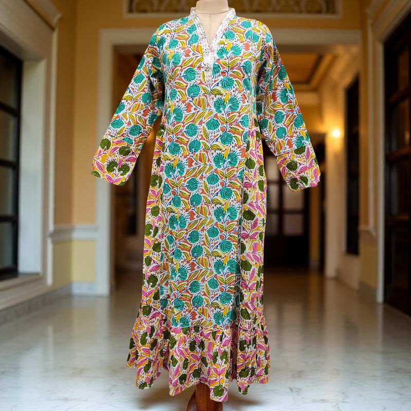 S/M Safa Printed Cotton Dress 57" Long Jalabiya