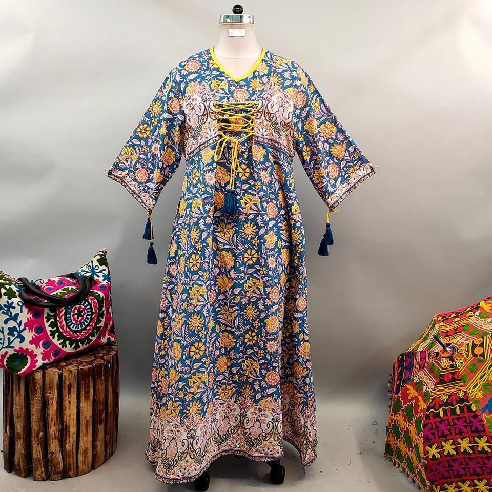 2XL/3XL Saeda Printed Cotton Dress 57" Long Jalabiya