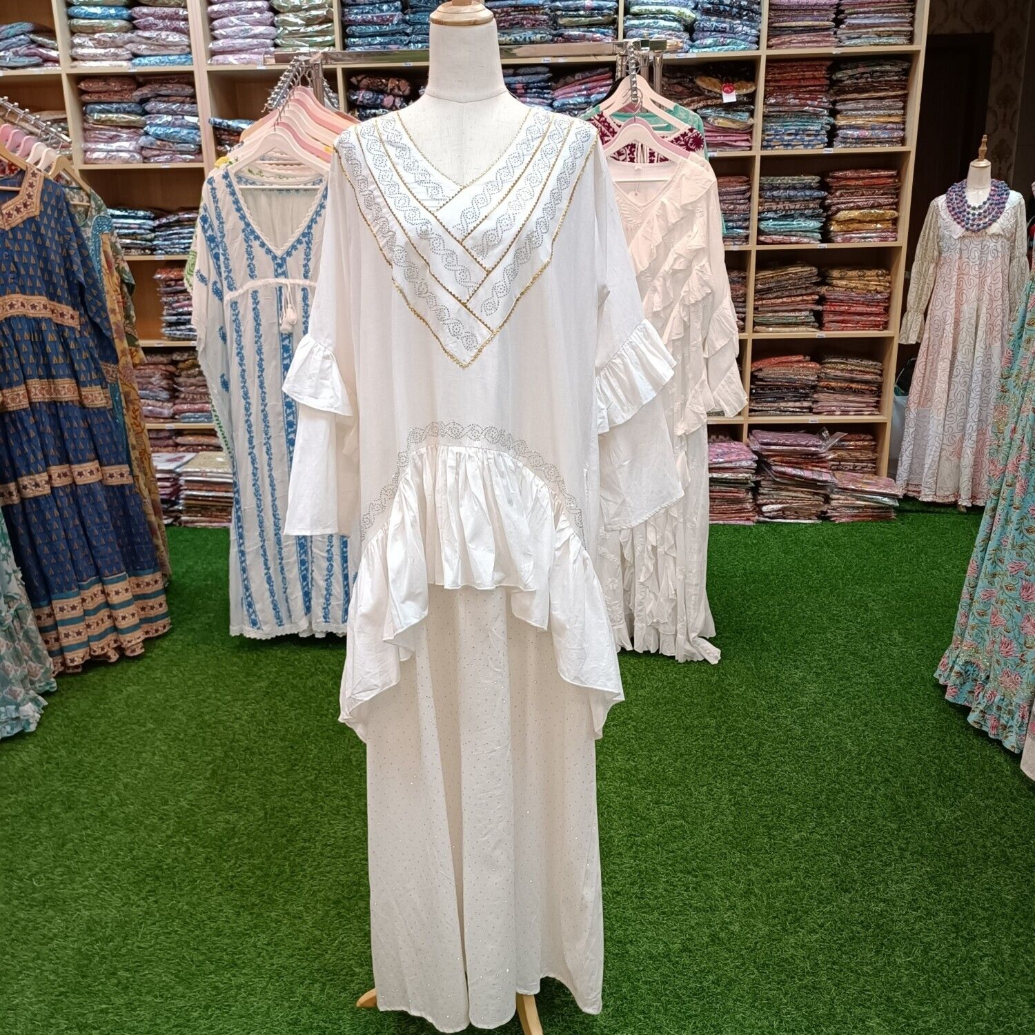 2XL/3XL Aiba Crystal White Cotton Dress 56" Long Jalabiya