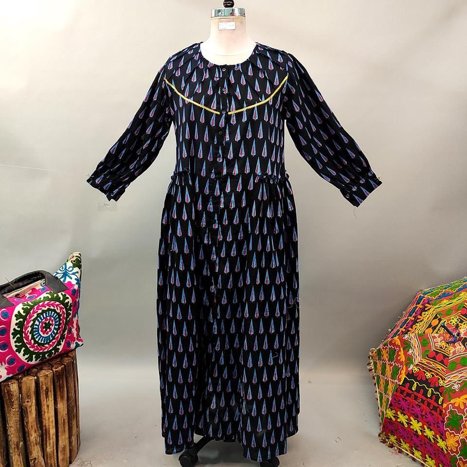 L/XL Umama Black Printed Cotton Dress 56" Long Jalabiya