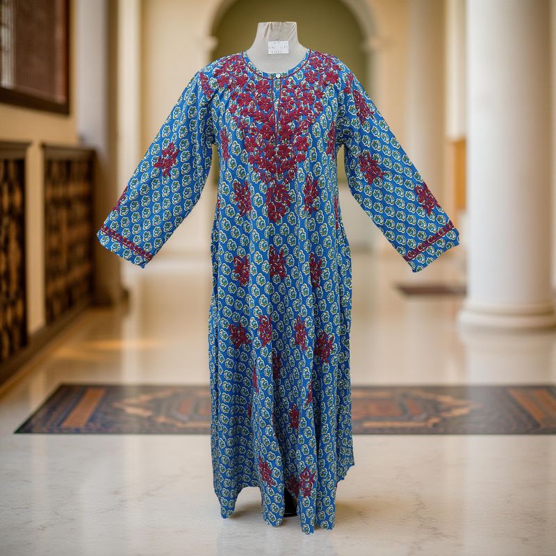 S/M Fahar Embroidery Printed Cotton Dress 57" Long Jalabiya