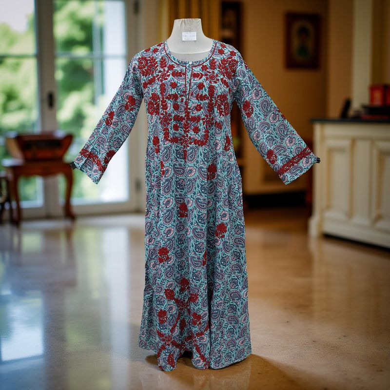 S/M Fahar Embroidery Printed Cotton Dress 57" Long Jalabiya