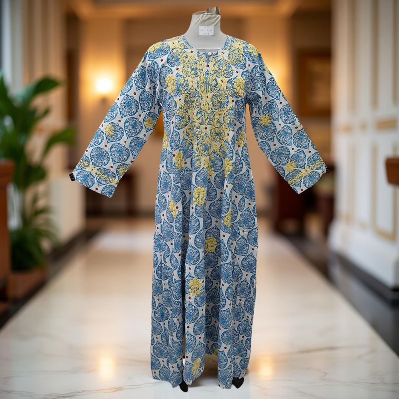 S/M Fahar Embroidery Printed Cotton Dress 57" Long Jalabiya