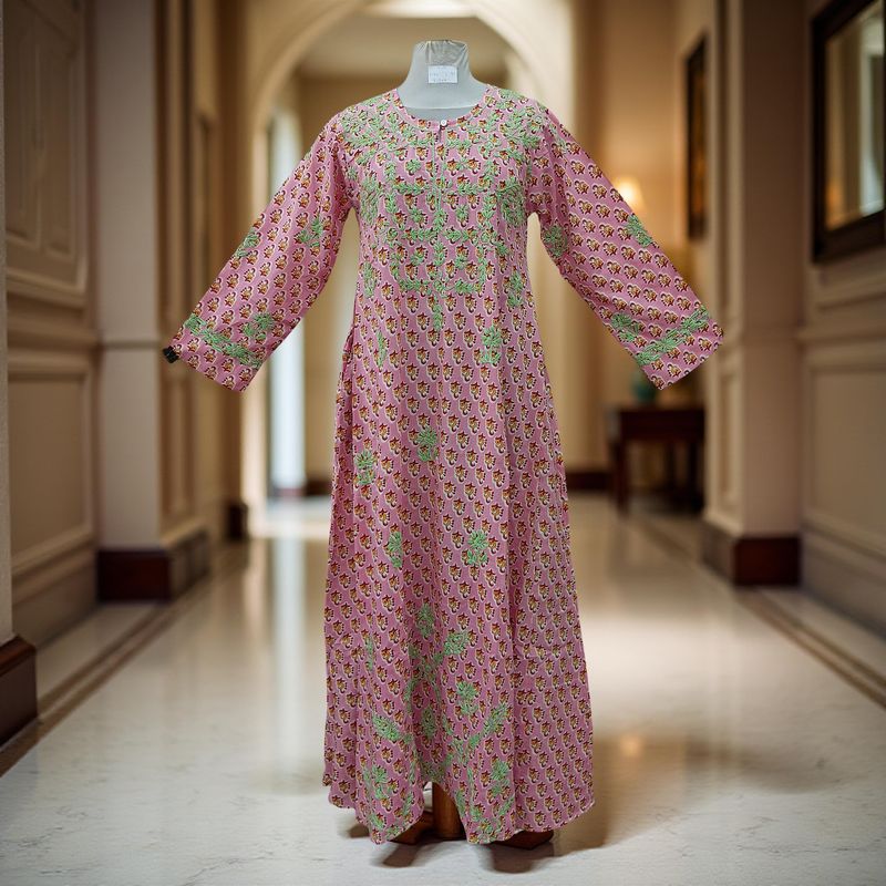 S/M Fahar Embroidery Printed Cotton Dress 57" Long Jalabiya