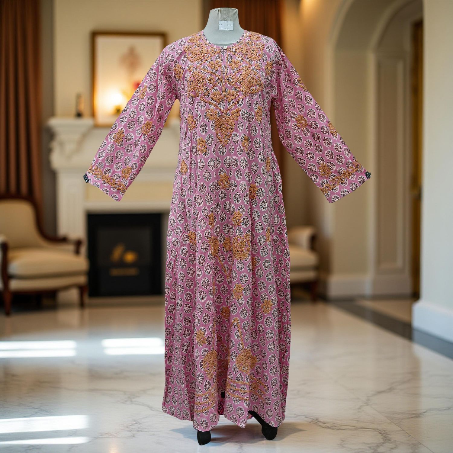 S/M Fahar Embroidery Printed Cotton Dress 57" Long Jalabiya