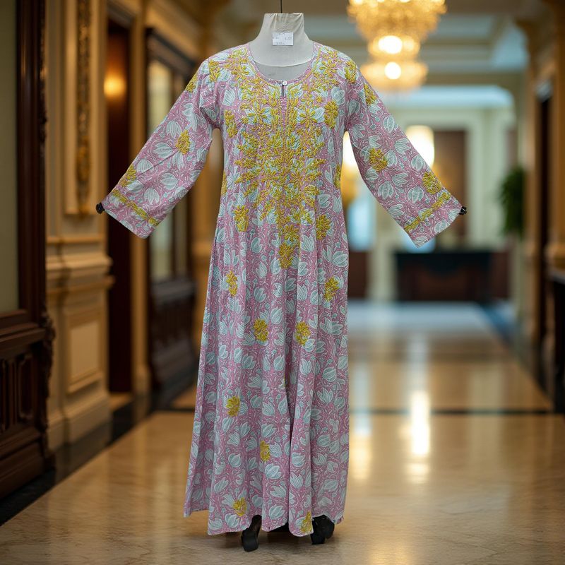 S/M Fahar Embroidery Printed Cotton Dress 57" Long Jalabiya