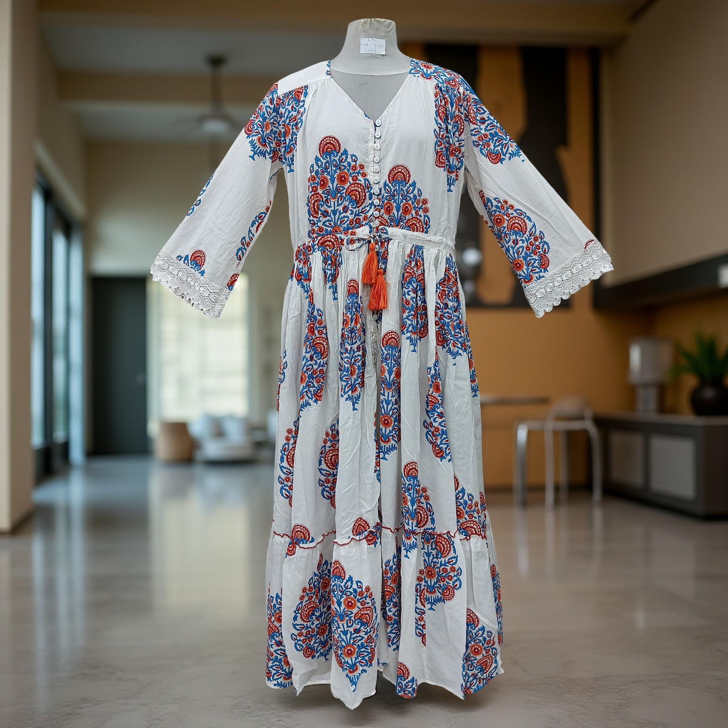L/XL Ari Printed Cotton Dress 57" Long Jalabiya