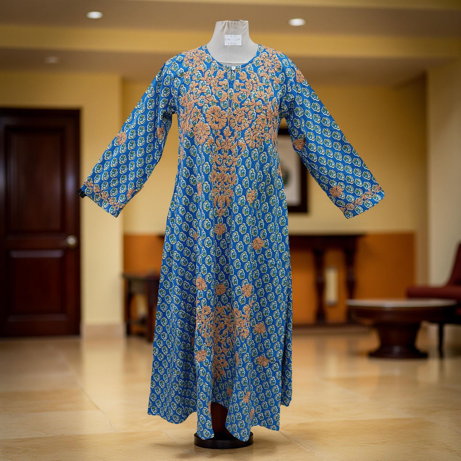 S/M Fahar Embroidery Printed Cotton Dress 57" Long Jalabiya