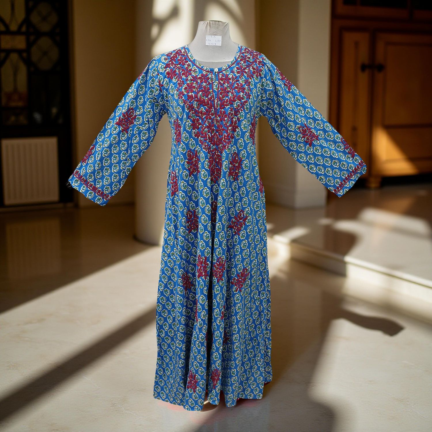 S/M Fahar Embroidery Printed Cotton Dress 57" Long Jalabiya