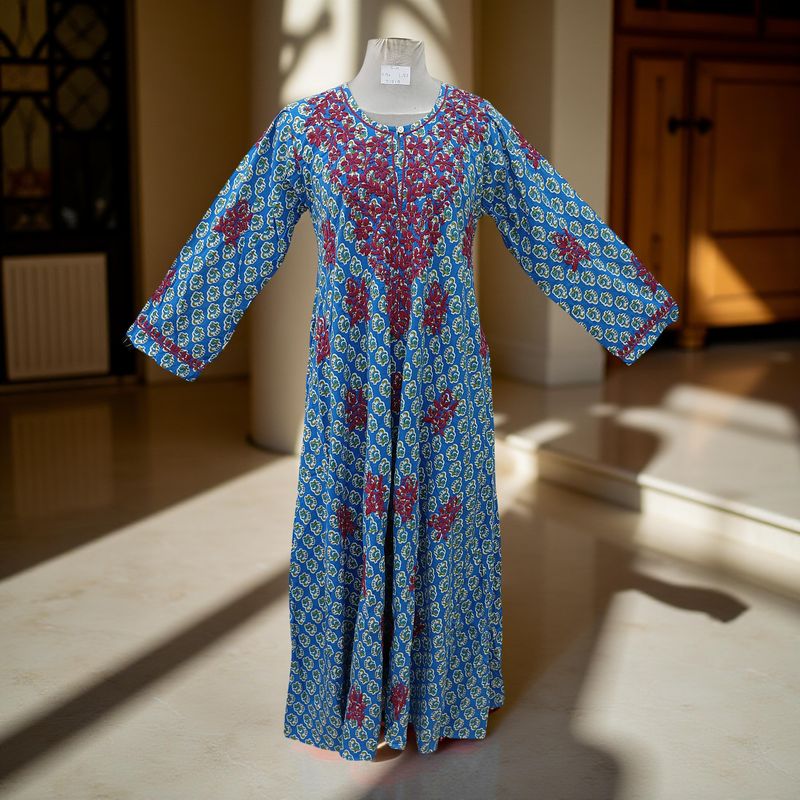 S/M Fahar Embroidery Printed Cotton Dress 57" Long Jalabiya