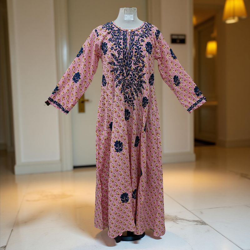 S/M Fahar Embroidery Printed Cotton Dress 57" Long Jalabiya