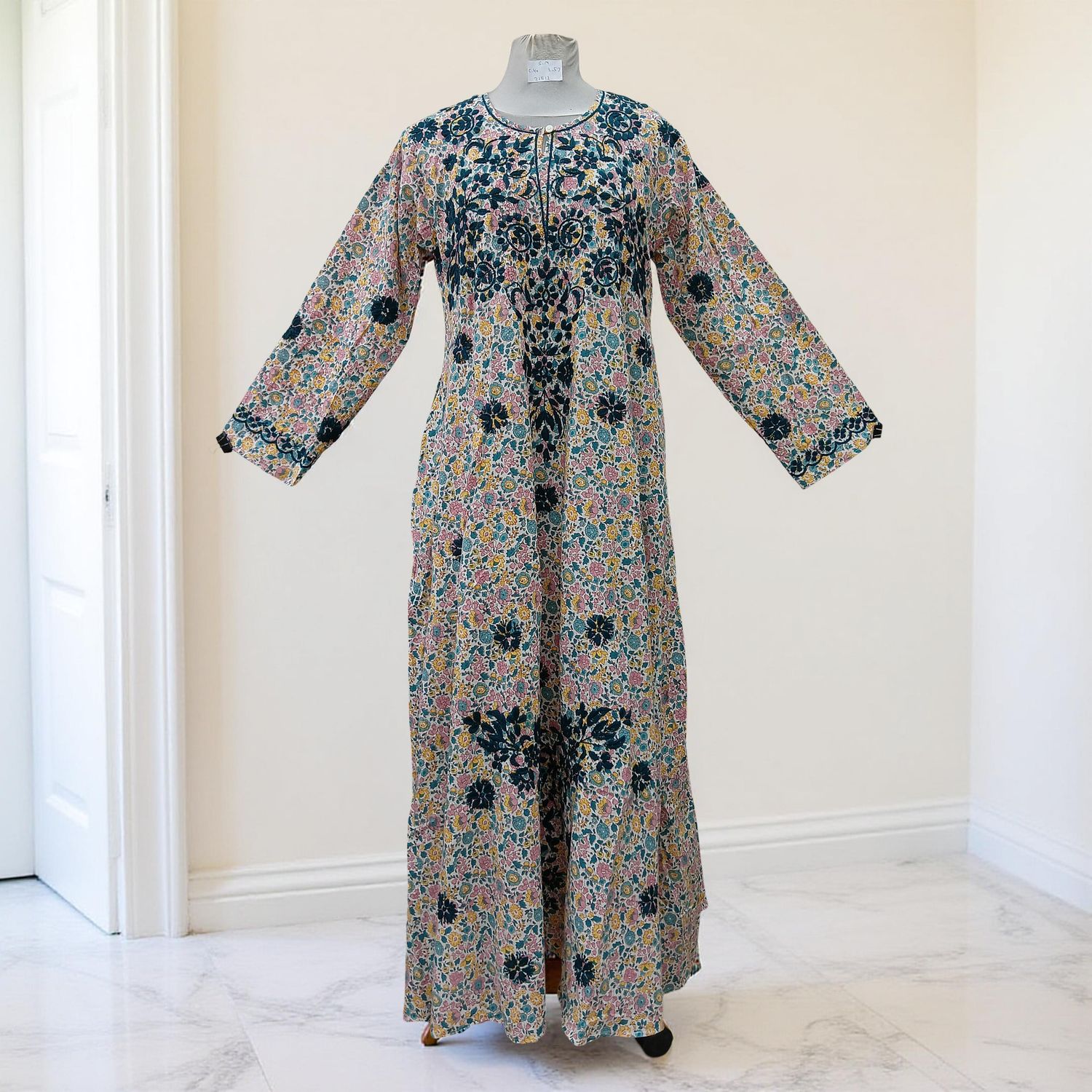 S/M Fahar Embroidery Printed Cotton Dress 57" Long Jalabiya