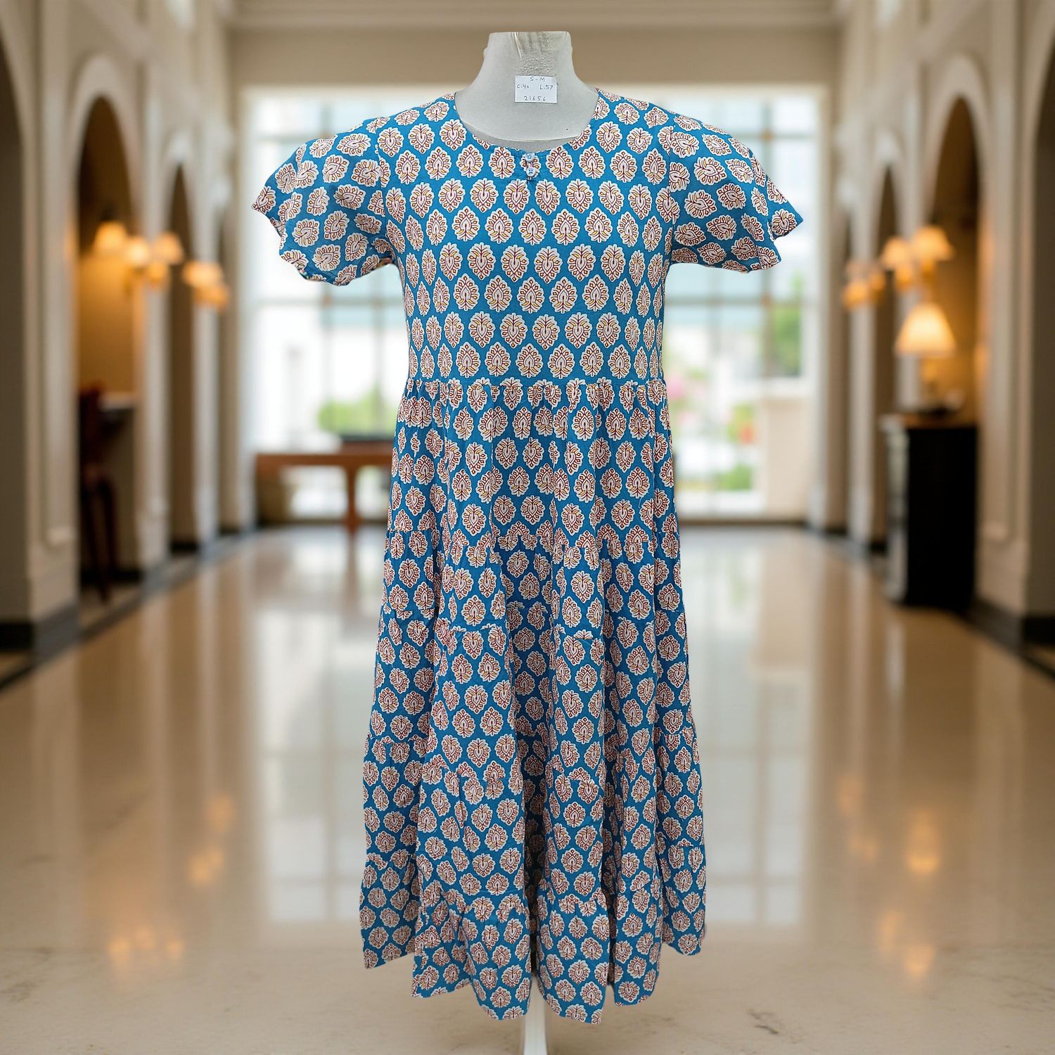 S-M Manha Printed Cotton Dress 57" Short Sleeves Jalabiya