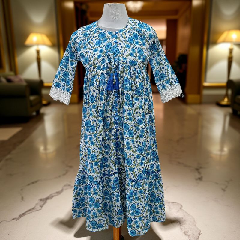 10-11 Year Ari Printed Cotton Girls Dress 46" Long Jalabiya