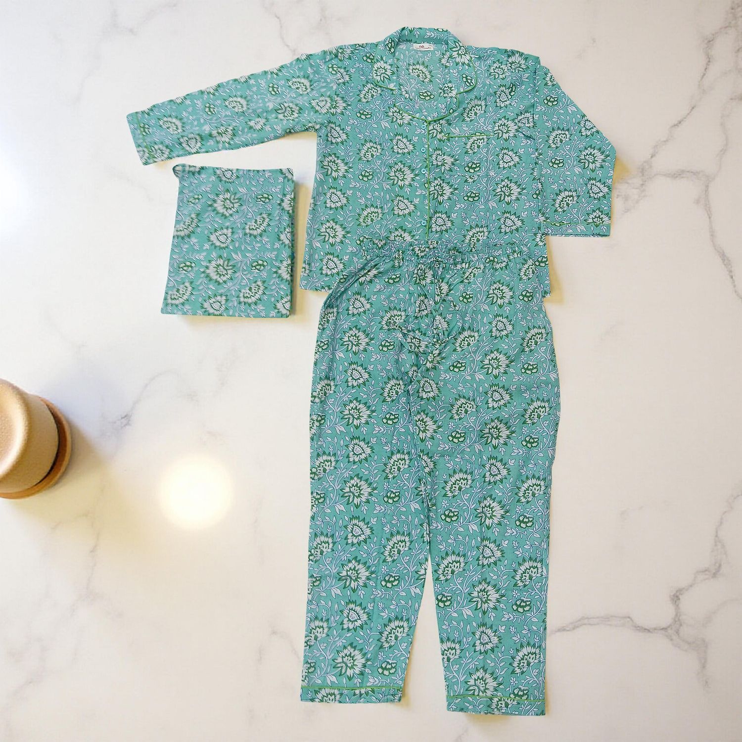 L/XL Cotton Full Sleeves Shirt Collar Neck Pajama Set