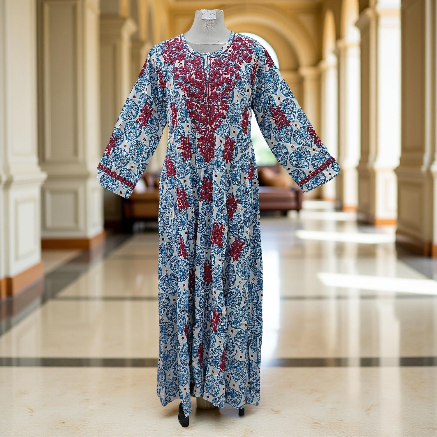 S/M Fahar Embroidery Printed Cotton Dress 57" Long Jalabiya