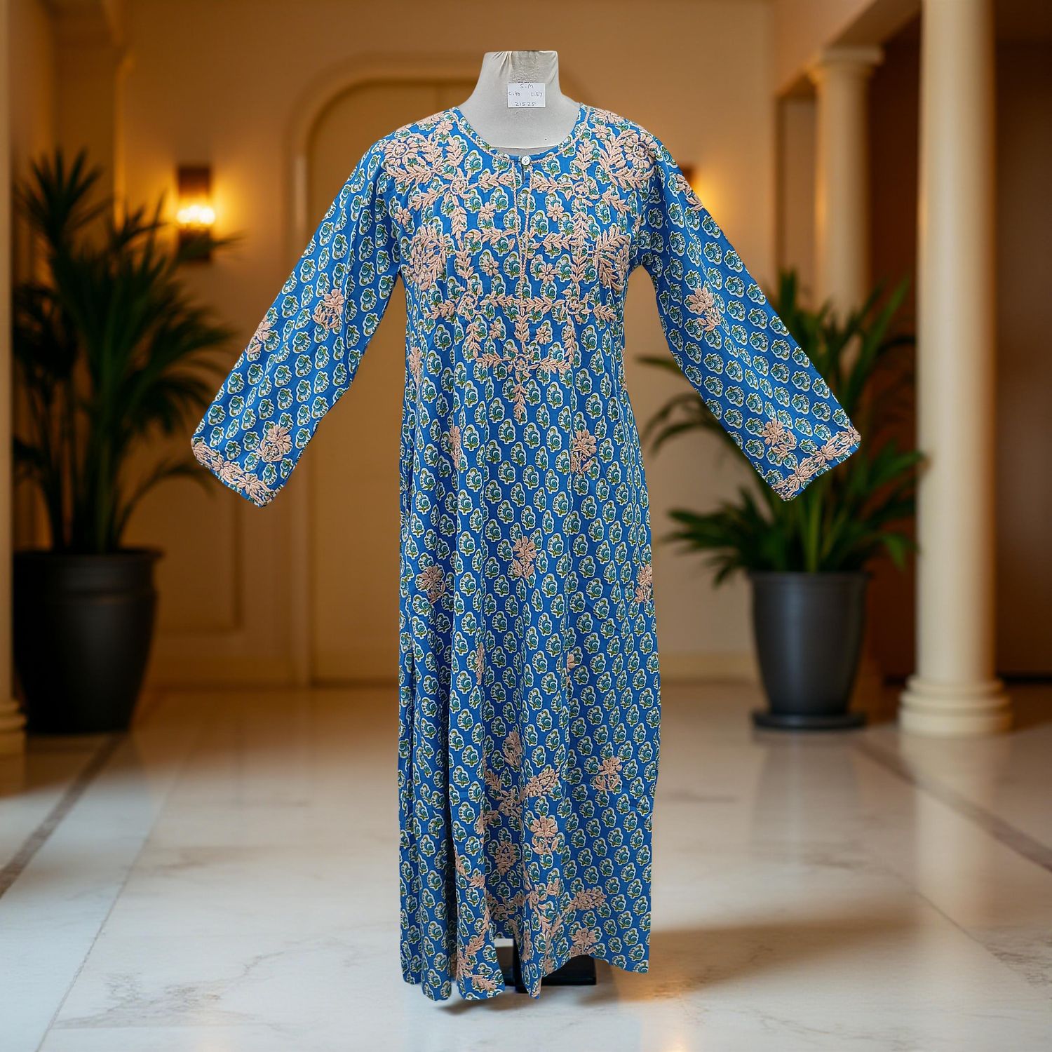 S/M Fahar Embroidery Printed Cotton Dress 57" Long Jalabiya