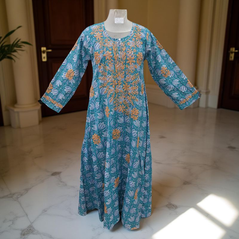 S/M Fahar Embroidery Printed Cotton Dress 57" Long Jalabiya