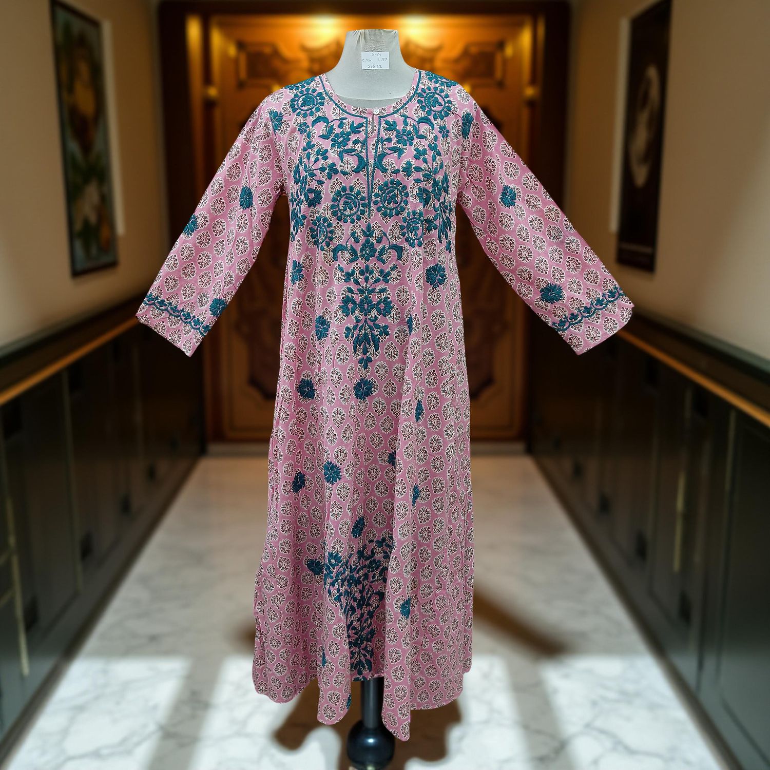 S/M Fahar Embroidery Printed Cotton Dress 57" Long Jalabiya